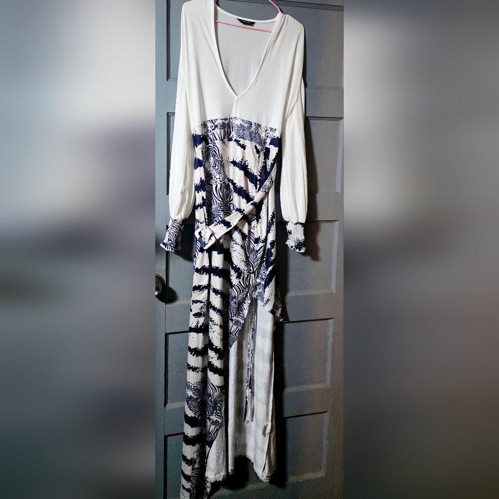 Chic White and Blue Long Sleeve High - Low Dress